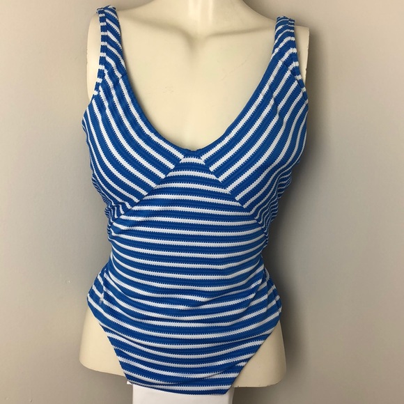 Ralph Lauren Blue Mitered Mio Stripe Lace Back One-Piece Swimwear Size M - Picture 3 of 10